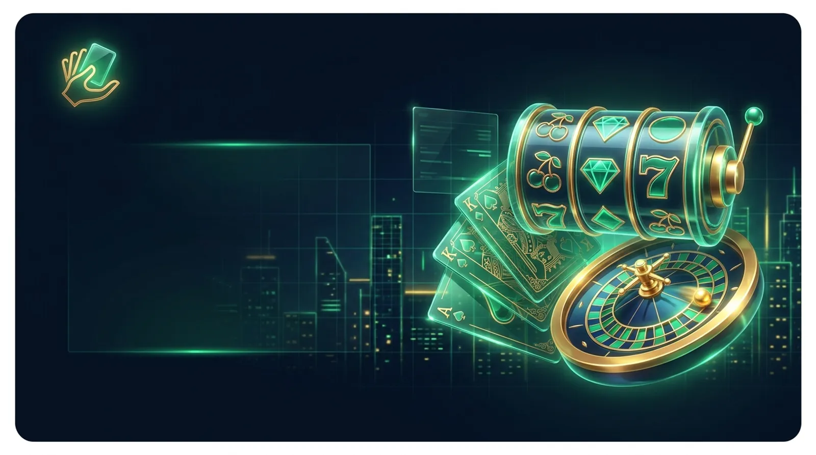 Dark navy hero banner with glowing emerald-lit slot reels, playing cards and a roulette wheel on a cinematic NV Casino backgr